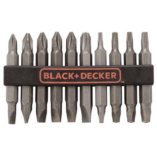 BLACK+DECKER 71-081 screwdriver bit set with black holder, front angle, ten metal bits.