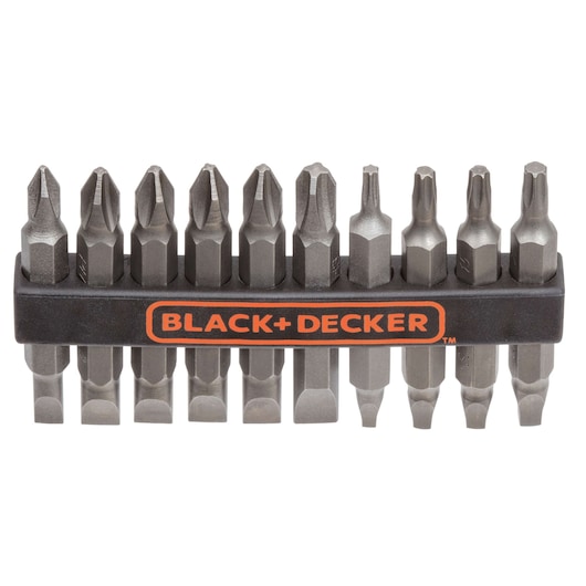 BLACK+DECKER 71-081 screwdriver bit set, front angle, black holder with assorted steel bits.