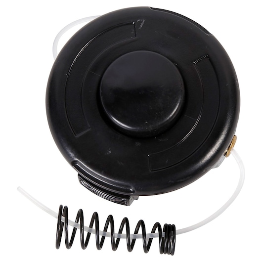BLACKDECKER A6054 black trimmer spool and spring, photographed on a white background, top view.