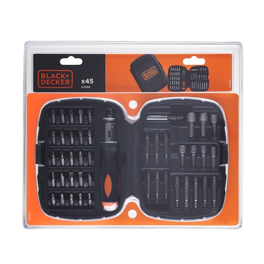 BLACK+DECKER A7039 screwdriver and bit set, 45 pieces, in a black plastic case, front angle on white background.