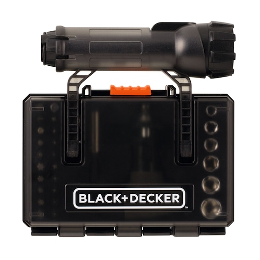 BLACK+DECKER A7224-XJ black plastic flashlight and accessory case, front angle on white background.