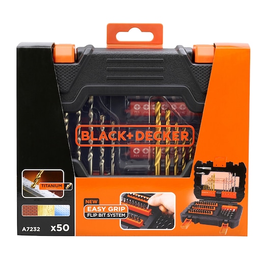 BLACK+DECKER A7232 photography kit in packaging, showing a black and orange hard case containing multiple drill bits and accessories. The package highlights titanium bits, easy grip flip bit system, and contains 50 pieces.