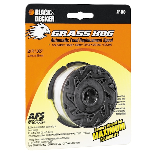 BLACK+DECKER AF-100 automatic feed replacement spool in retail packaging, black plastic spool with clear trimmer line.