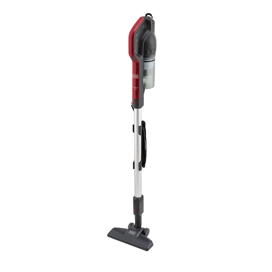 BLACKDECKER AVT12 upright vacuum cleaner, red and gray, side angle on white background.