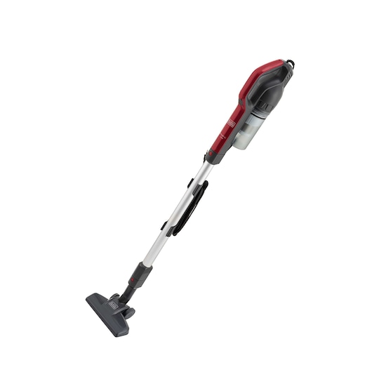 BLACKDECKER AVT12 red and gray stick vacuum cleaner side angle on white background.
