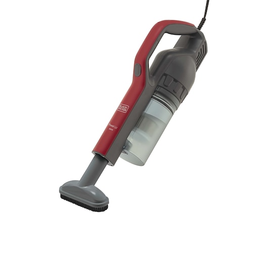 BLACKDECKER AVT12 handheld vacuum cleaner, red and gray, front angle on white background.