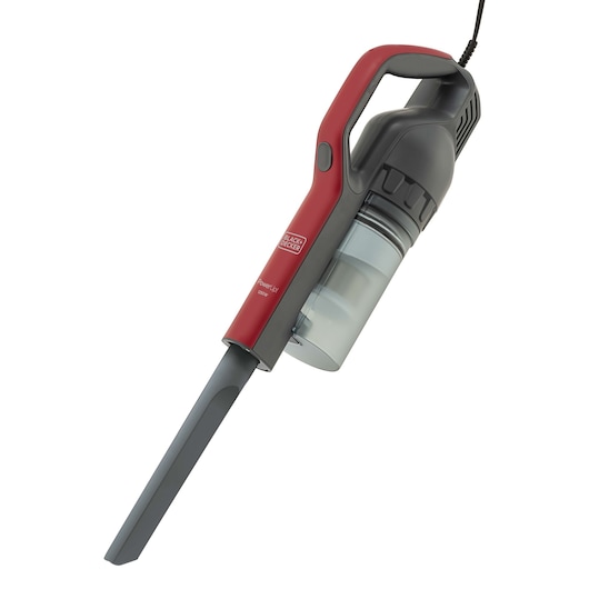 Photo of BLACKDECKER AVT12 handheld vacuum cleaner, red and black, side view on white background.