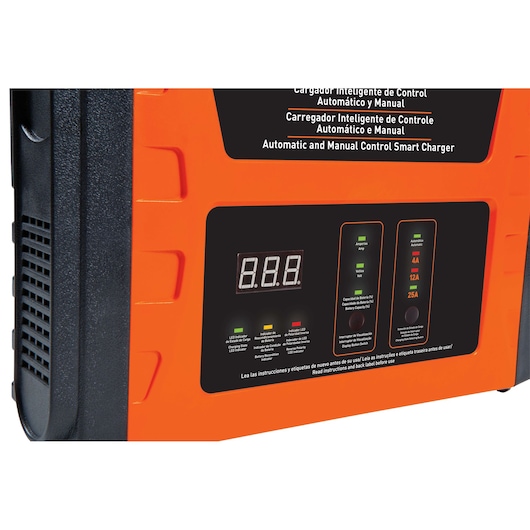 BLACKDECKER BC25 smart charger close-up, orange casing, digital display and control panel, white background.