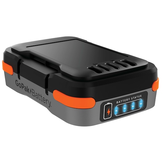BLACKDECKER BCB001K GoPak Battery, portable power bank, black with orange accents, front angle.