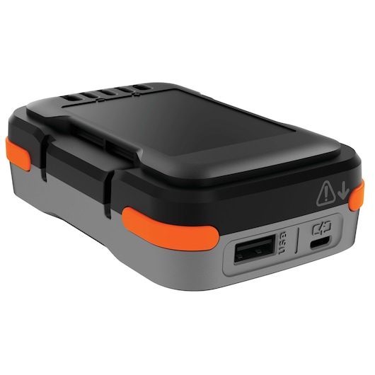 BLACKDECKER BCB001K portable battery pack with orange accents, USB and USB-C ports, angled on white background.