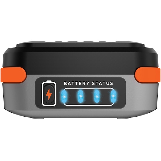 BLACKDECKER BCB001K battery pack with illuminated battery status indicator, front angle on white background.