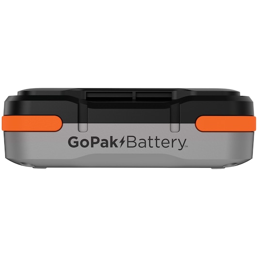 BLACKDECKER BCB001K GoPak Battery, rectangular gray and black battery pack with orange accents, front angle on white.