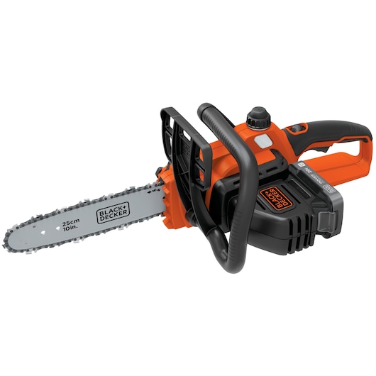 Photo of BLACKDECKER BCCS1020D1 cordless chainsaw, black and orange, 25cm 10in bar, on white background.