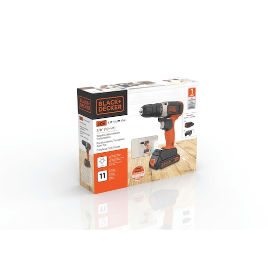 BLACK+DECKER 20V cordless drill/driver in retail packaging with product illustration, branding, features, and product details in multiple languages on the box.