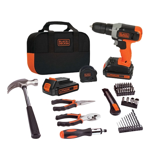 BLACKDECKER BCD702PK2B tool kit with drill, battery, bag, hammer, pliers, bits, screwdriver and accessories, front angle.