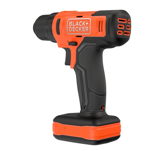 BLACK+DECKER BCD712VHD cordless drill, black and orange, side angle on white background.
