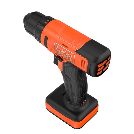 Photo of a BLACK+DECKER BCD712VHD cordless drill, orange and black, angled on white background.
