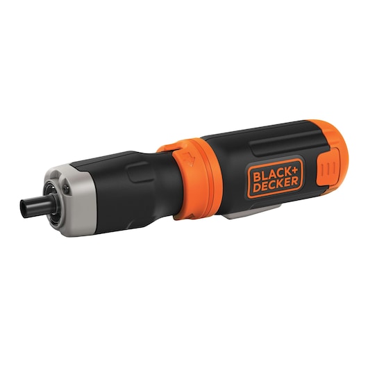 Photo of BLACK+DECKER BCF601AA black and orange cordless screwdriver, angled on white background.