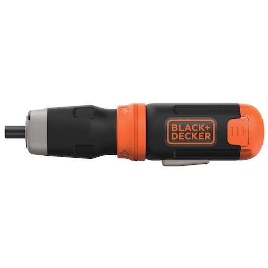 BLACKDECKER BCF601AA cordless screwdriver in black and orange, side view on white background.