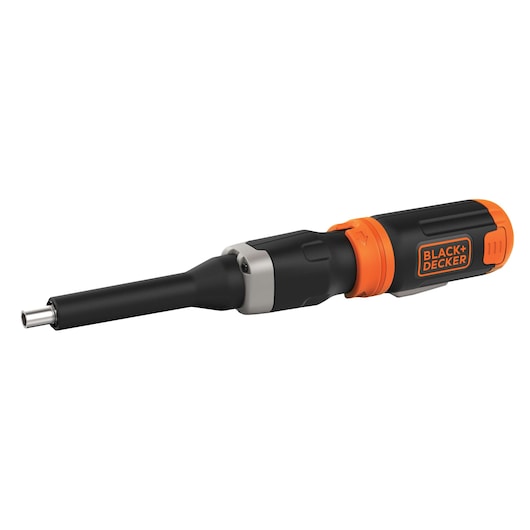 BLACK+DECKER BCF601AA cordless screwdriver, black and orange, side angle on white background.