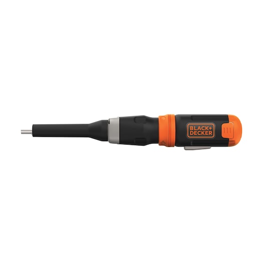 BLACKDECKER BCF601AA electric screwdriver, black and orange, side view on white background.