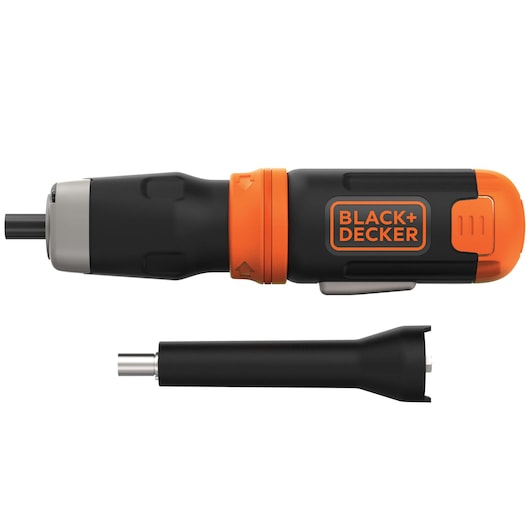 Photo of BLACK+DECKER BCF601AA cordless screwdriver in black and orange with detachable extension, side view on white.