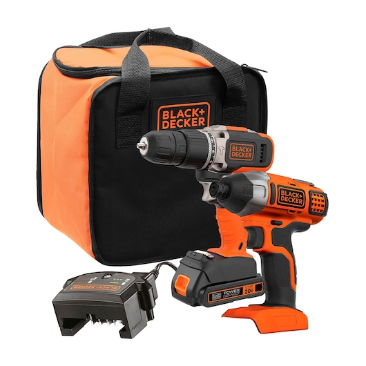 BLACKDECKER BCK21D1 drill driver kit with orange and black cordless drill, charger, and carrying bag, front angle.
