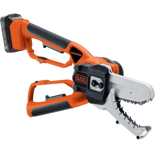 Photo of BLACKDECKER BCLP120D1 cordless alligator saw, orange and black, side angle on white background.
