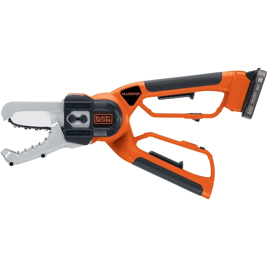 BLACK+DECKER BCLP120D1 orange cordless alligator lopper saw, side view on white background.