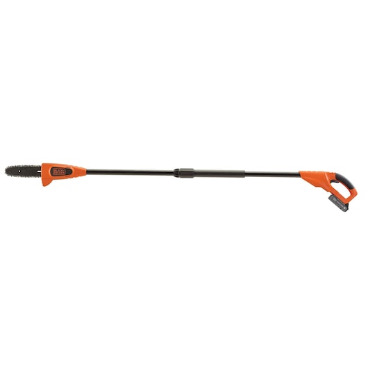 BLACK+DECKER BCPP120D1 cordless pole saw with orange and black design, side view on white background.