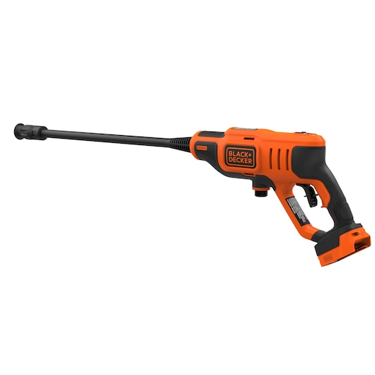 BLACK+DECKER BCPW350E1 cordless pressure washer, orange and black, side angle on white background.