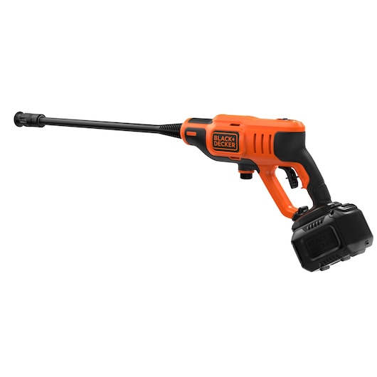 Photo of BLACKDECKER BCPW350E1 cordless pressure washer, orange and black, side angle on white background.