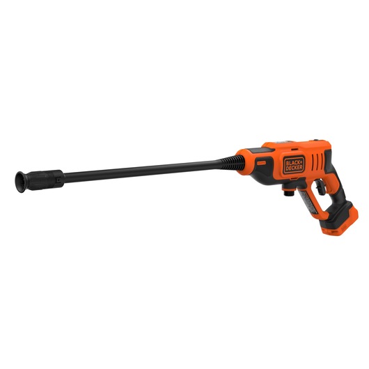 Photo of BLACK+DECKER BCPW350E1 cordless pressure washer, orange and black side view on white background.