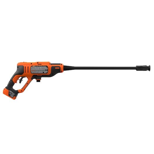 BLACKDECKER BCPW350E1 cordless pressure washer side view, orange and black design, long nozzle, white background.