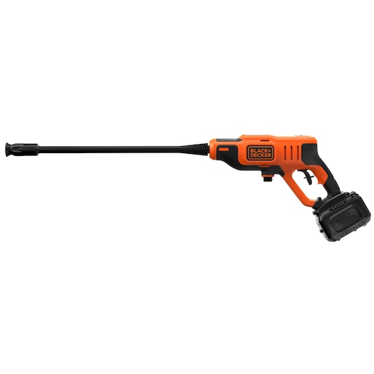 Photo of BLACK+DECKER BCPW350E1 cordless pressure washer, orange and black, side angle on white background.