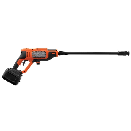 BLACKDECKER BCPW350E1 cordless power washer side view, orange and black body with long nozzle.