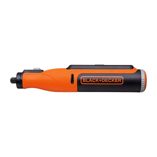 BLACK+DECKER BCRT8K35 orange and black cordless screwdriver side view on white background.