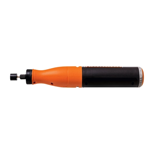 BLACKDECKER BCRT8K35 orange and black cordless screwdriver, side view, white background.