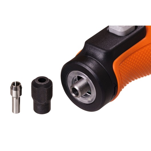 BLACKDECKER BCRT8K35 rotary tool front angle with collet and nut accessory on white background.