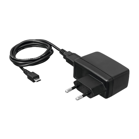 BLACKDECKER BCRT8K35 black power adapter with EU plug and micro USB cable, front angle.