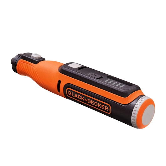 BLACK+DECKER BCRT8K35 orange and black cordless screwdriver side angle photo.