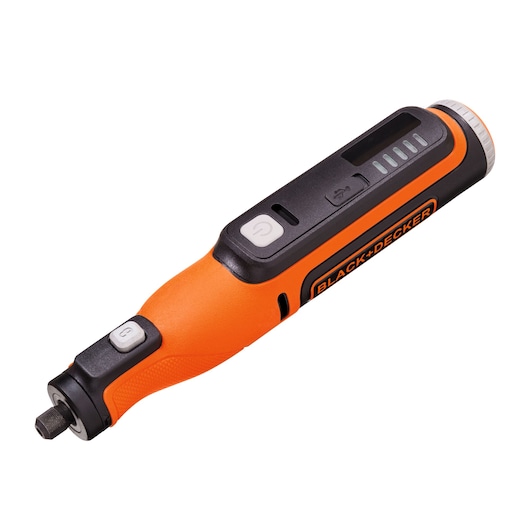 BLACK+DECKER BCRT8K35 orange and black cordless screwdriver, close-up angled on white background.
