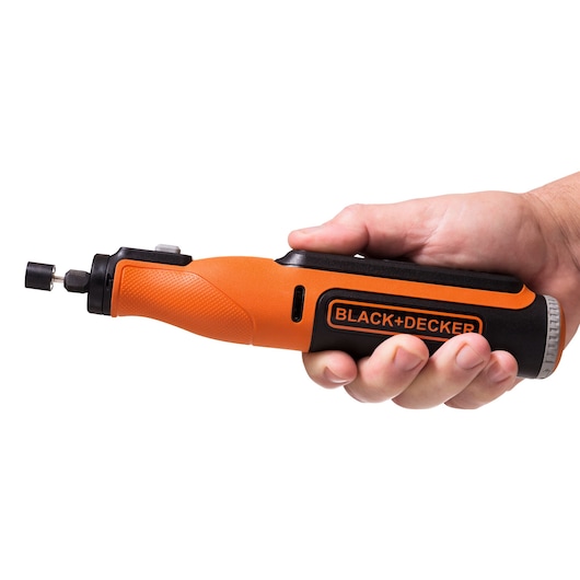 Photo of BLACKDECKER BCRT8K35 orange and black rotary tool held in hand, side view, against white background.