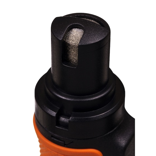 Close-up photo of BLACKDECKER BCRT8K35 ratchet head showing black metal construction and orange handle.