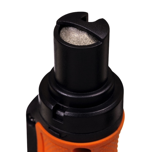 BLACKDECKER BCRT8K35 close-up of orange and black rotary tool with grinding attachment, white background.