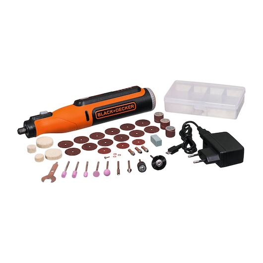 BLACK+DECKER BCRT8K35 rotary tool kit with orange rotary tool, accessories, charger, and storage case, front angle.