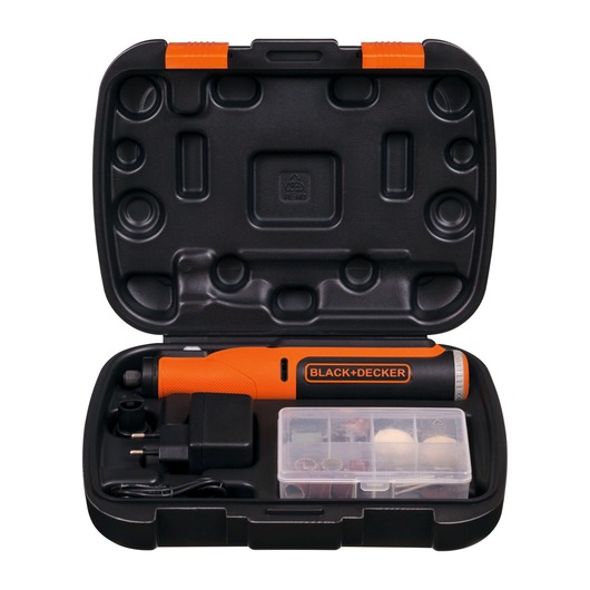 BLACK+DECKER BCRT8K35 rotary tool kit in orange and black hard case, includes charger and accessory box, front angle.