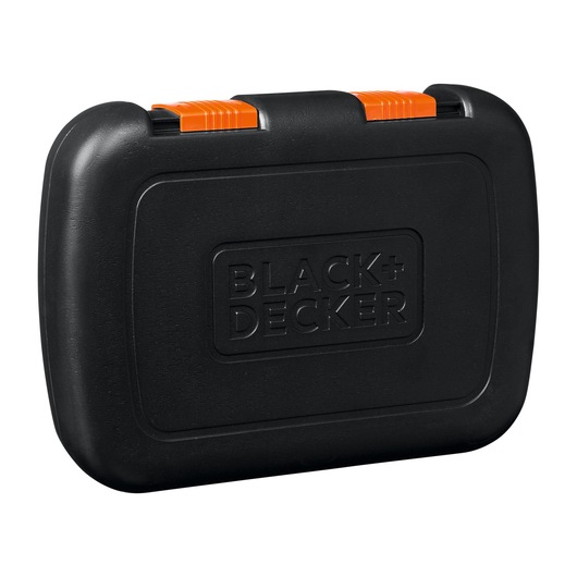 BLACKDECKER BCRT8K35 black tool case with orange latches, front angle, photography product.