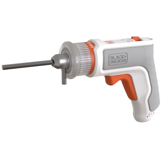Photo of BLACKDECKER BCRTA01 handheld ratchet tool with gray, orange, and white body, side angle.