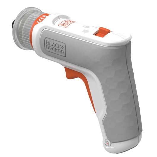 BLACK+DECKER BCRTA01 compact cordless screwdriver, gray and orange, side angle, on white background.
